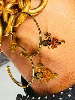 Gold plated Hoop Earrings with Orange Enamel ballerina Charms